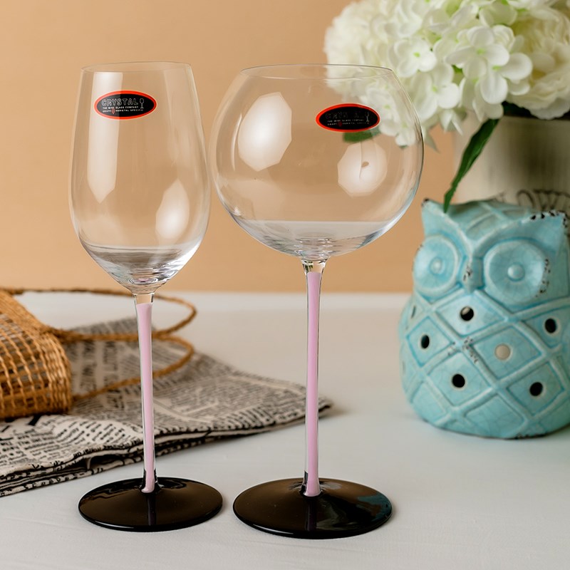粉杆红酒杯水晶玻璃高脚杯粉色雷司令蒙哈榭杯黑底白葡萄酒杯少女