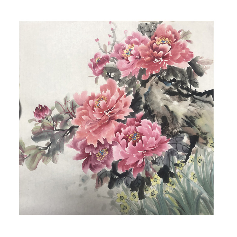 牡丹图手绘国画无框无款国色天香三尺方斗茶楼客厅玄关中式装饰画