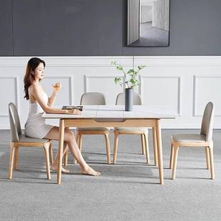 原木色可岩板伸多缩餐桌现代约小户型功能简折KUS叠长方形吃饭桌