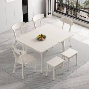 L岩板餐小户型家用折TF 068叠伸缩组奶桌油风实木7餐桌椅合现代简