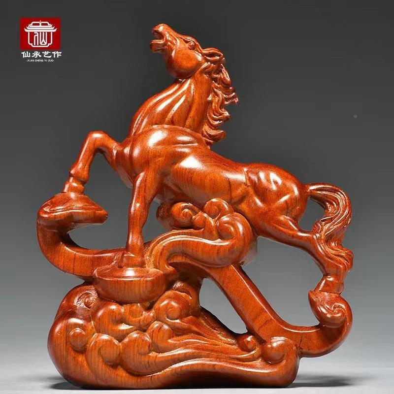 花梨木雕刻马摆件檀木动物十二生成肖马到功家品居装饰工艺送黑礼