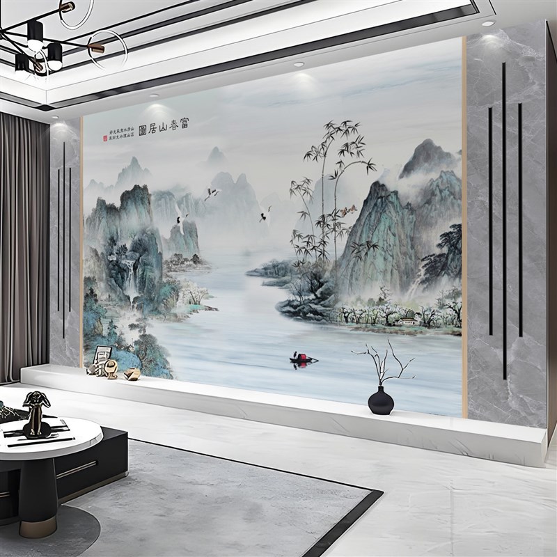 电视背景墙壁布新中式意境山水画墙纸F客厅沙发3d立体壁纸墙布定