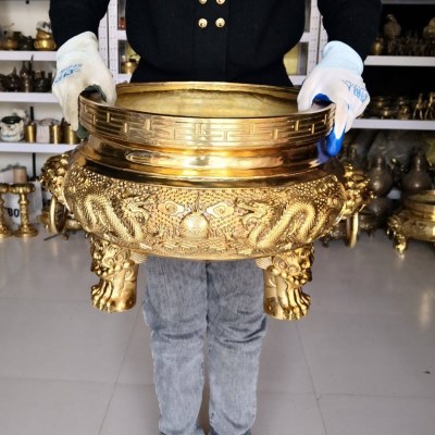 铜香炉纯铜圆形铜炉大号铜熏香炉供佛仿古招聚财二龙戏珠铜鼎摆件