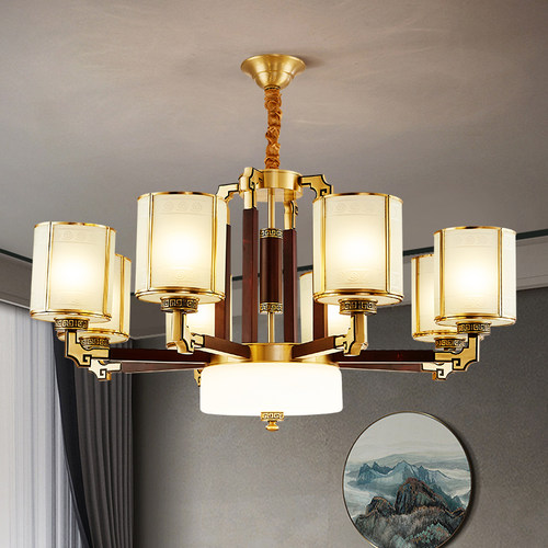 实木复式楼大吊灯中式全铜高端中山灯具厂中N国风新农村别墅客厅