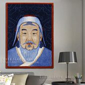 蒙古纯羊毛客厅卧室书房玄关成吉思汗人物图案蓝色装 饰画壁毯挂毯