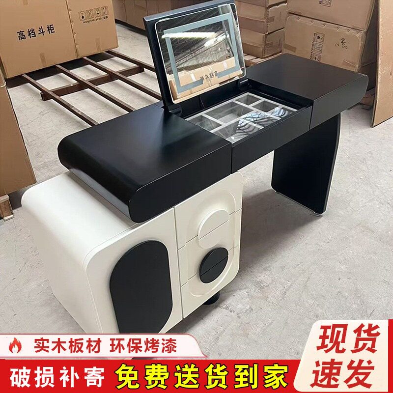 黑白梳妆台斗柜一体卧室奶油复古风小户型翻盖化妆桌储物柜实木