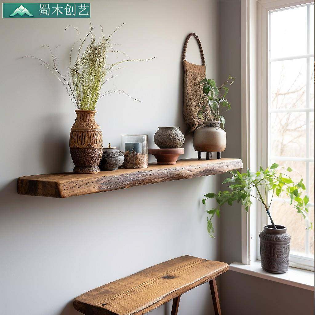 复古纯原原宽实木角落一字搁板壁墙收挂蜀木创艺纳架层板墙上置物