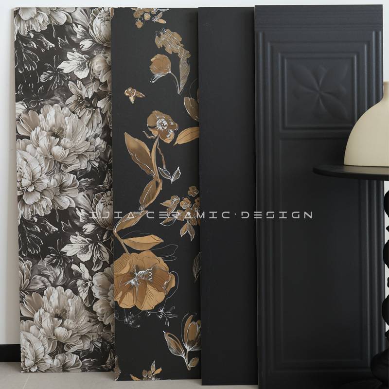 300x900法式中古风卫生间墙砖焦糖色壁纸海基布瓷砖黑色浴室花砖