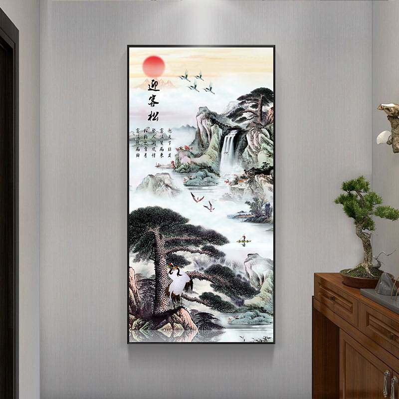 入户玄关装饰画新中式竖版国画荷花过道装饰壁画走廊尽头客厅挂画
