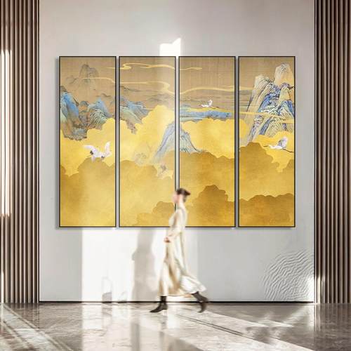 中式竖版装黄饰画抽象意色境山水画风景画酒店大堂联画茶室瑞鹤图