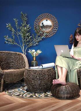 椅三套阳台小藤桌椅靠背真藤编BHY椅子单人茶几客件厅简休闲椅约