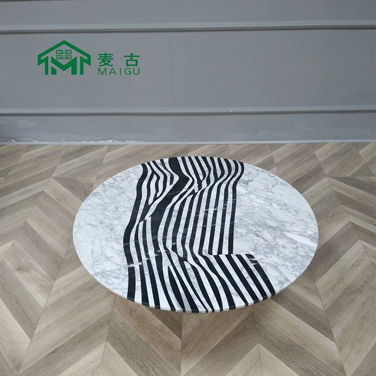 麦古 摩登轻奢极简圆形黑白拼接天然大理石茶几酒店客厅条纹茶几