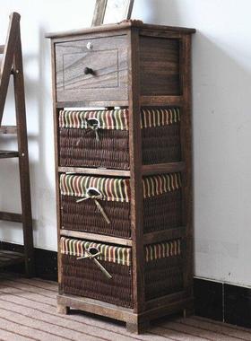 物田园床600152头屉柜简约现代收斗柜纳子带锁复古储物柜藤编抽卧