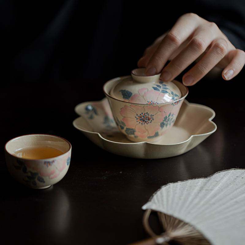 弥言粉引釉下彩纯手绘牡丹花陶瓷壶承手工花边干泡台茶道配件茶台