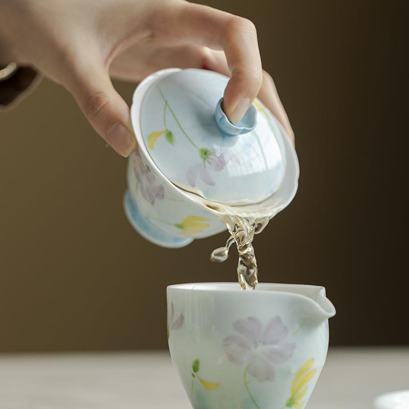 白瓷碗手绘格桑花盖手陶瓷花口工泡茶单个不烫云湖蓝—手茶艺壶泡