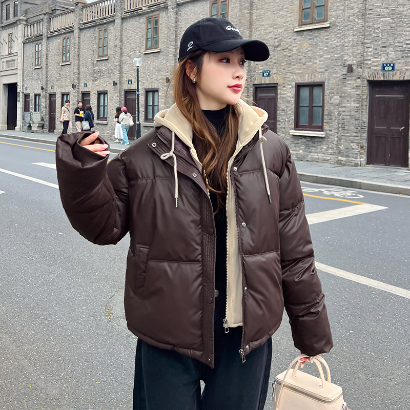 假两件连帽pu皮羽绒棉服女2025年冬季新款韩版时尚保暖免洗外套潮