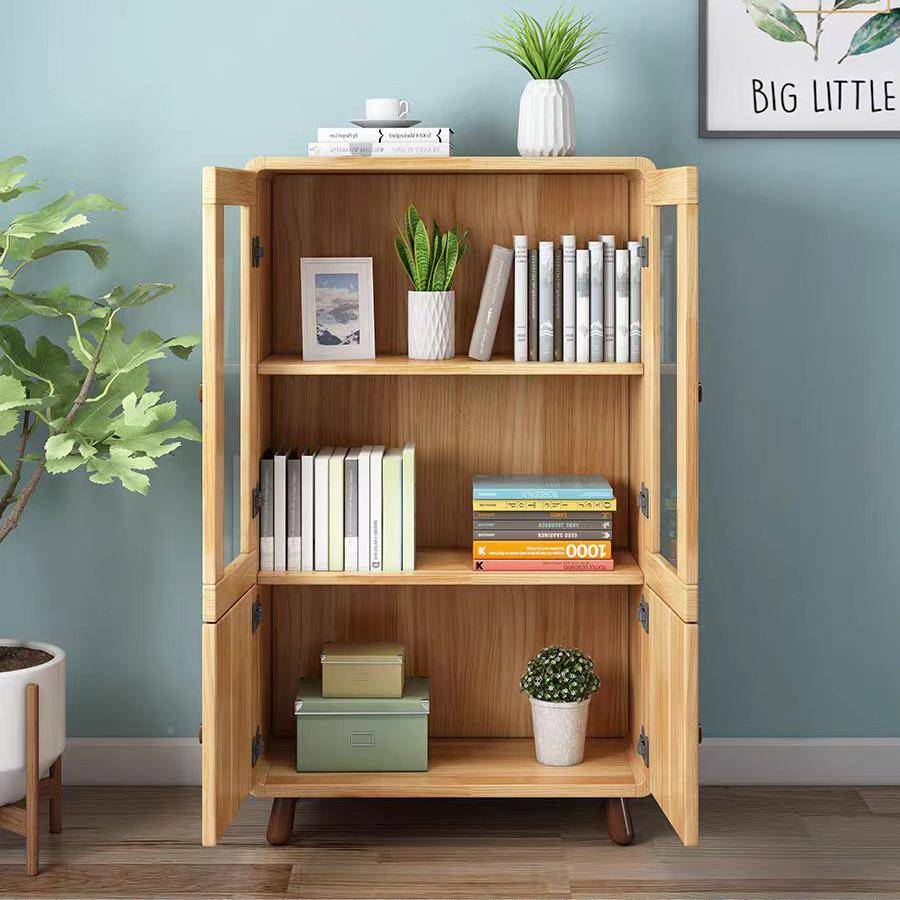 实组木防尘玻儿璃门书柜简约合落地YHJ书架展示物柜书橱童置架储