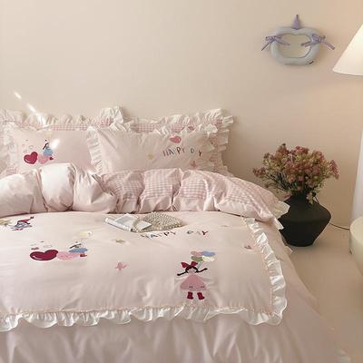 荷纯蜜棠派棉四套水洗棉全棉叶花边贴布绣三件套被套用床单床笠床