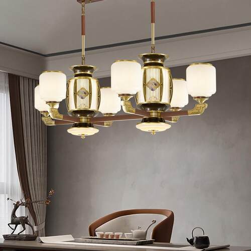 新款新中大式全铜玻吊灯别墅复璃关5017式楼客厅餐厅卧室玄酒店堂