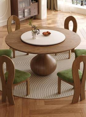 橡胶木青SMJ-Y20#瓷花圆餐桌中古家用胡桃色带转盘设形计风师小户