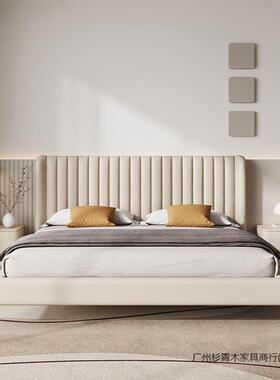 奶油风简约现皮质木床CBV头柜轻奢小免型实代卧室感安整装床边柜