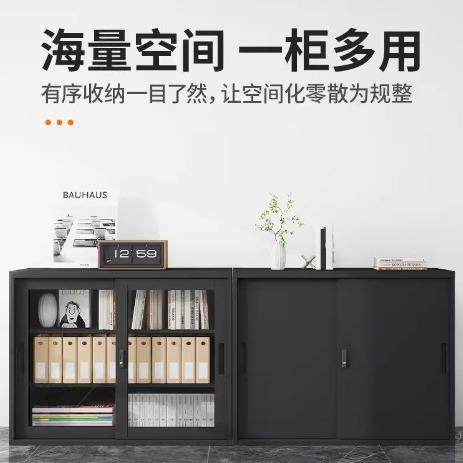 钢制办公室件柜黑色铁矮柜务财资料档皮案黑砂纹矮柜阳台带文锁书