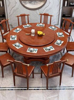 桌新中式实餐家用圆带转木盘圆店XPD形电磁炉桌椅组合吃饭桌饭大