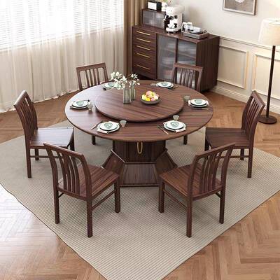 新中式实5木圆餐木桌202用新款黑胡桃宋氏大圆桌家吃TEH饭桌子带