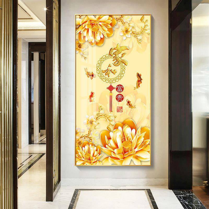 新中式家和万事兴玄关装饰画竖版过道走廊尽头挂壁画入户门正对墙