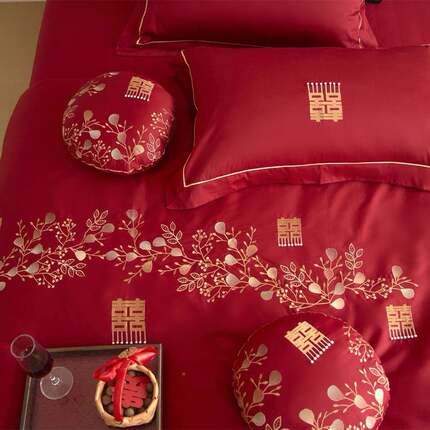 新中式婚四件套色全庆棉YSU长绒刺绣花红结婚被套床棉单床品