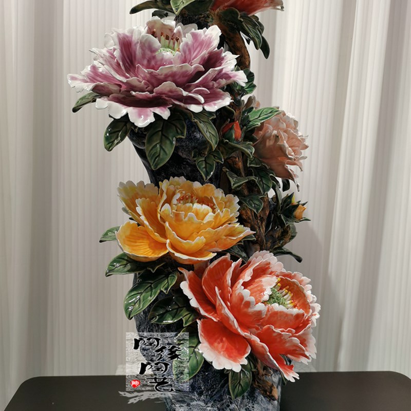 陶瓷工艺品 石p湾公仔 花开富贵 牡丹花摆件