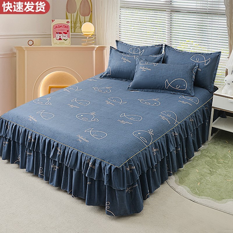 水洗棉床裙单件亲肤磨毛简约床罩式保护套防O滑床单双人床上三件