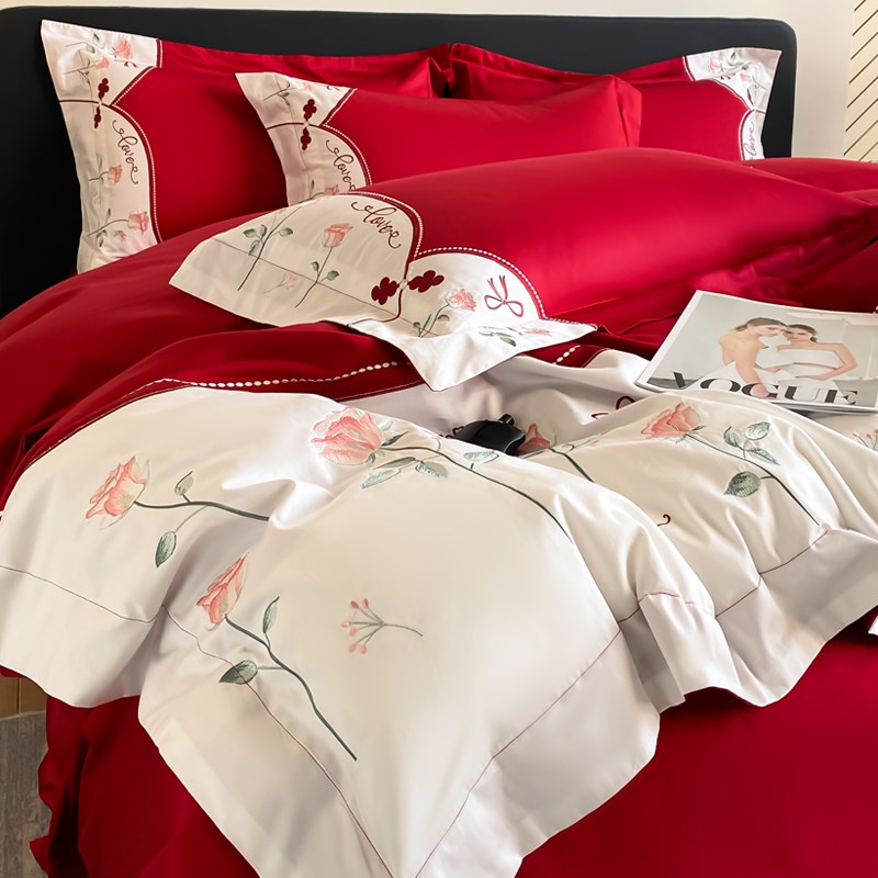新中式100支婚庆四件套大红色被套床单陪嫁结婚床上用品4