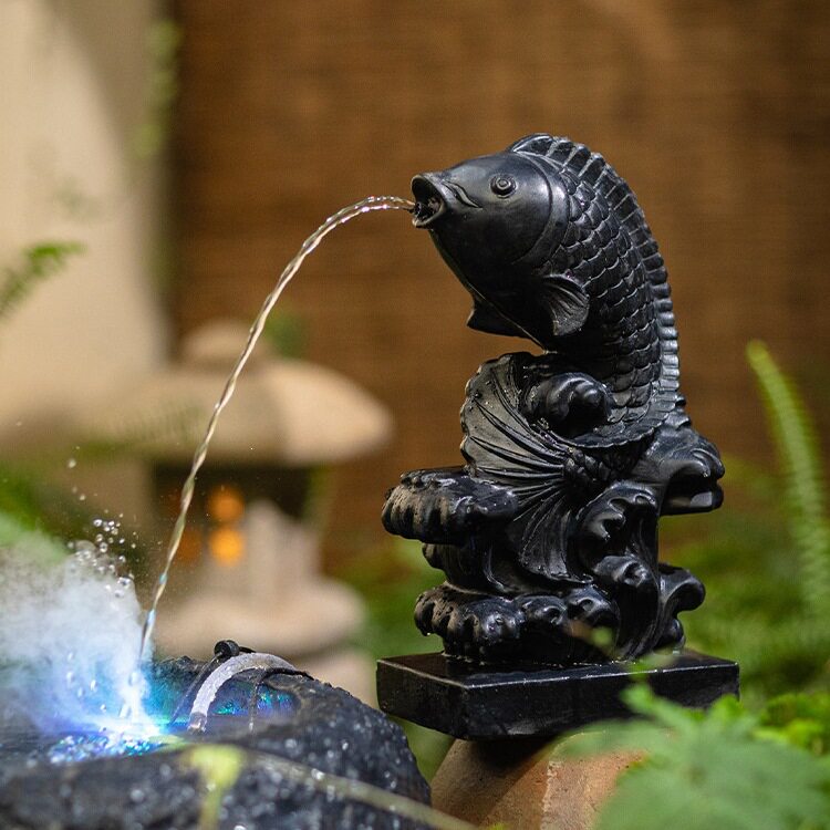 新中式仿石鲤跃龙门流水摆件户外庭院循环水造景水缸花园装饰