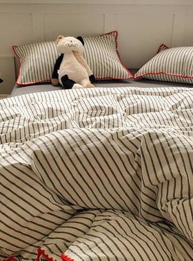 纯全棉水洗棉角针灰色纹床上四件套a类母婴级棉条一米五床三j523