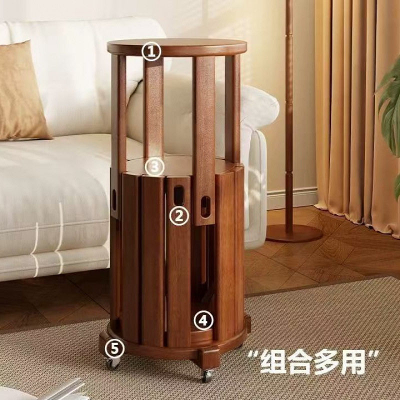 家用凳子可叠放实木圆凳叠叠乐新中式矮凳带滑轮木凳厨房餐厅板凳
