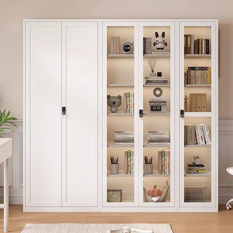 家用钢制书柜带锁带玻璃门铁艺客厅展示推拉移门铁皮储物柜落地柜