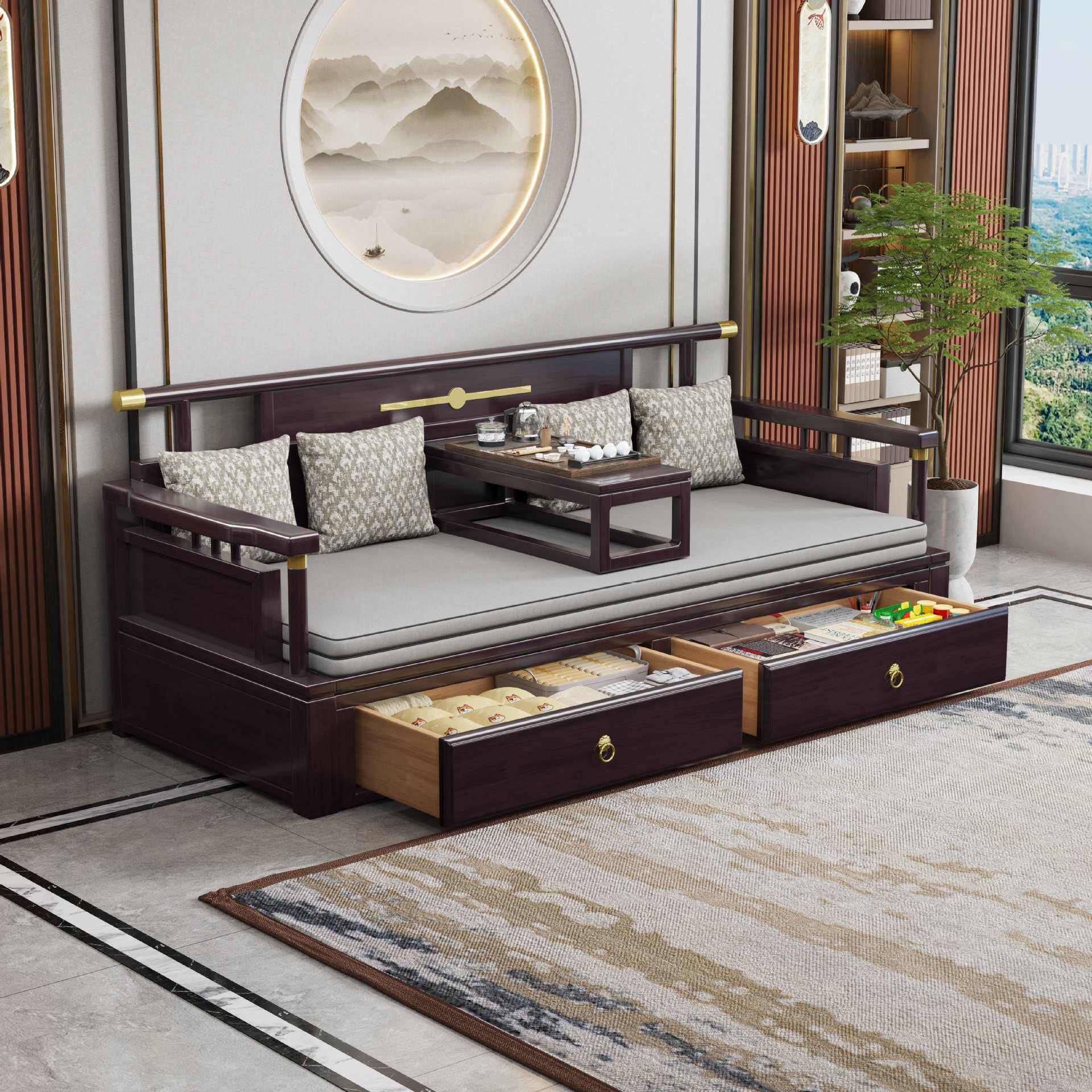 新中式全实木罗汉床客厅小户型禅意推拉沙发床两用客厅纯实木家具