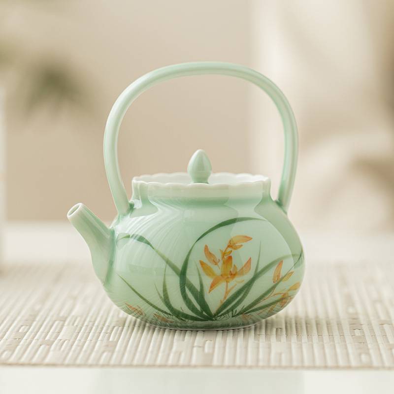 厂家碧青手绘兰花提梁壶陶瓷茶具茶壶单壶高颜值带过滤精致花茶壶