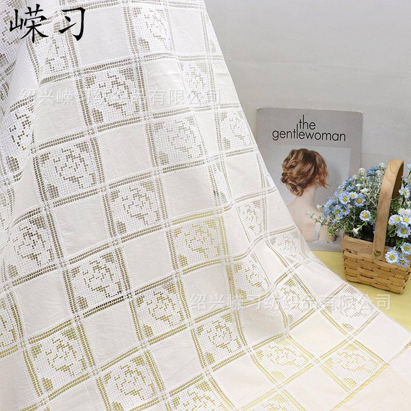 新品棋盘格玫瑰花园绣花布料桌布窗帘面料韩式法式风格蕾丝刺绣布