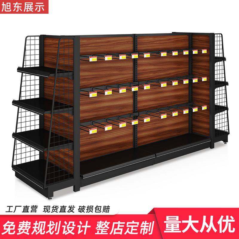 超市货架特产店展示架便利店中岛柜多层单双面红酒店货架钢木货架