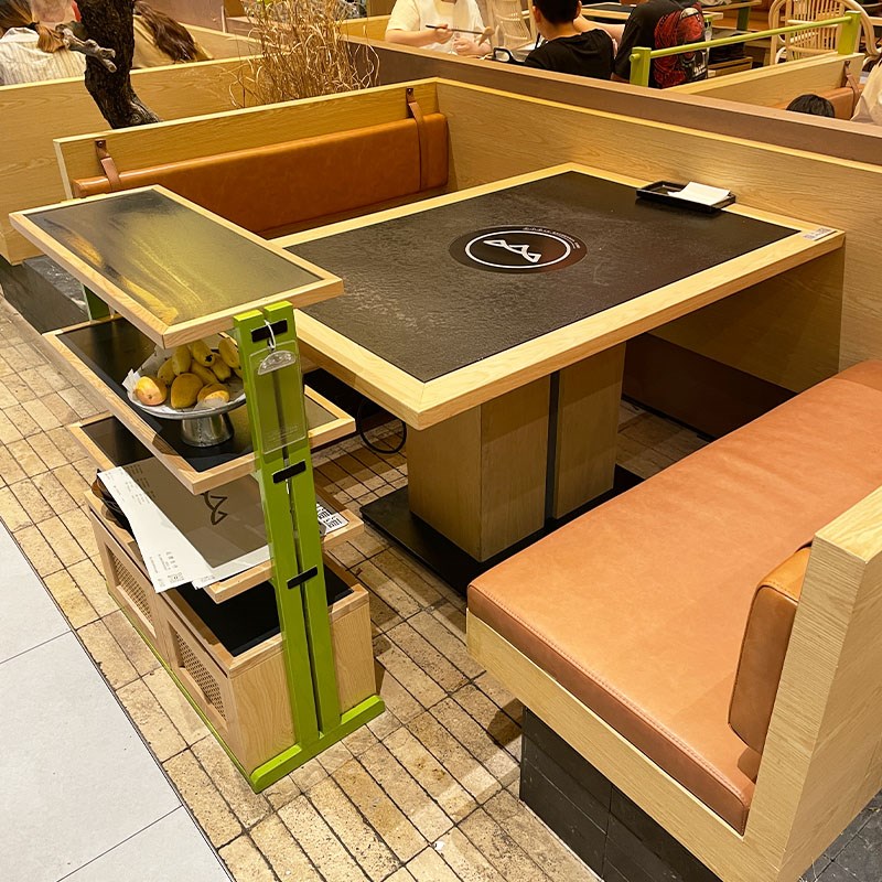 山缓缓实木大理石火锅桌电磁炉一体无I烟净化烤肉店桌椅组合商用