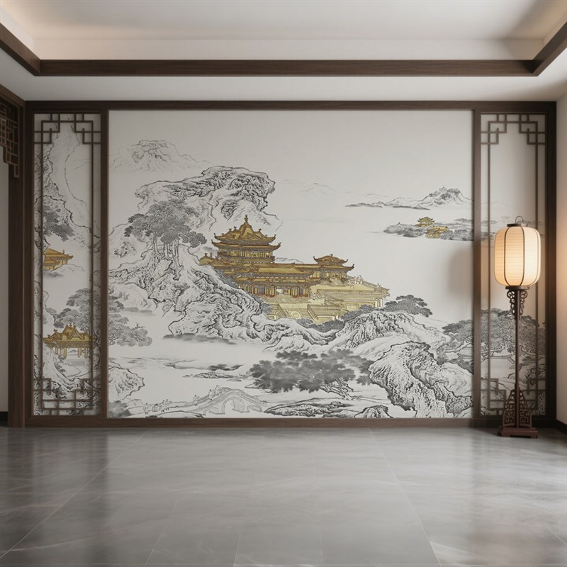 新中式楼阁壁纸山水壁布酒店背景墙纸硬包K壁画饭店客餐厅装饰墙