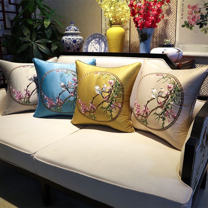 新中式抱枕刺绣花鸟古典红木沙发床头软包真皮靠垫W套腰靠背不含