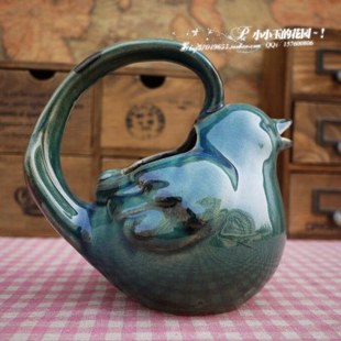 【蓝釉:提梁款雀鸟水壶】北欧乡村地中海 花园摆设 时尚家居饰品
