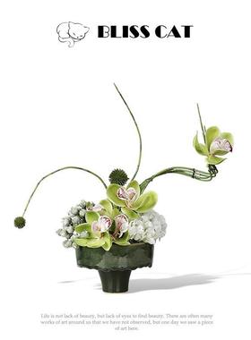 侘寂风绿色陶瓷花瓶花艺样品屋展示中心酒店茶几角几洽谈桌小桌花