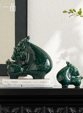 新中式墨绿色马陶瓷宋代美学禅意书架开放格售楼处样板间柜摆件