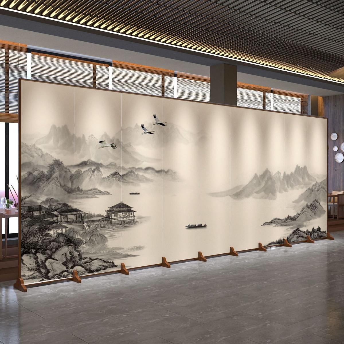 屏风隔断客厅玄关新中式实木大厅酒店山水背景装饰折叠移动折屏