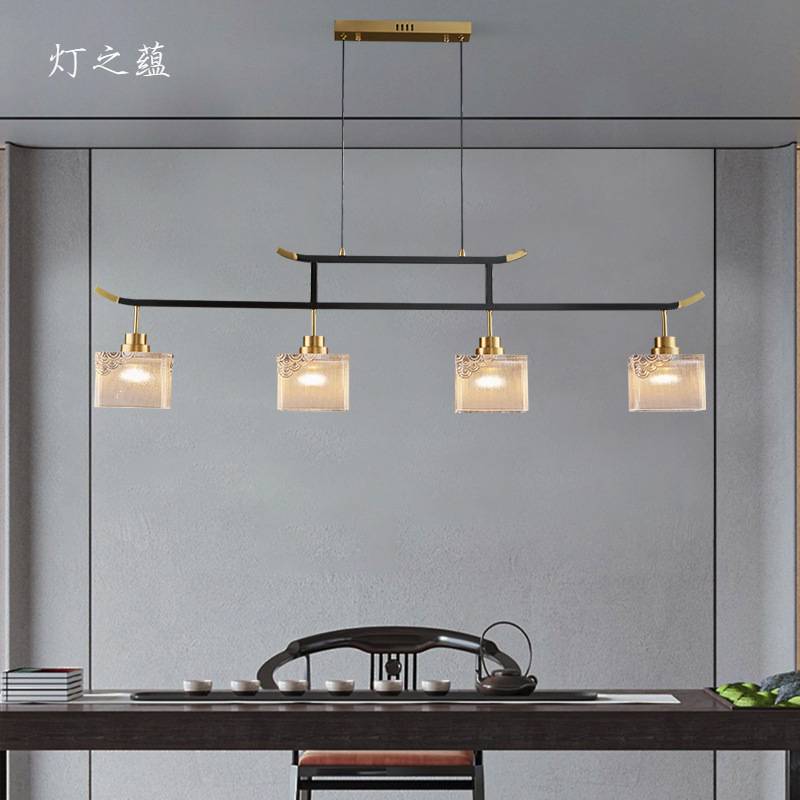新中式吊灯餐厅灯中国风前台一字长盘禅意书房茶桌茶室全铜吊灯