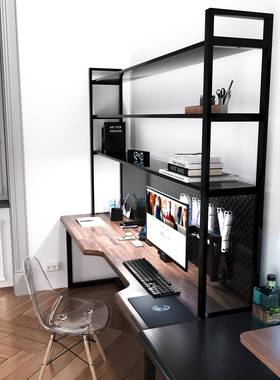 8V实书木书架一体桌电脑桌oft靠实木双人书桌架002墙长条桌工l作